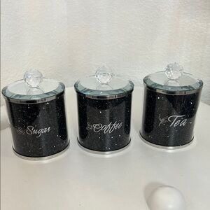 Black Glitter Canister Set with Crystal Knobs GENTLY USED GOOD CONDITION